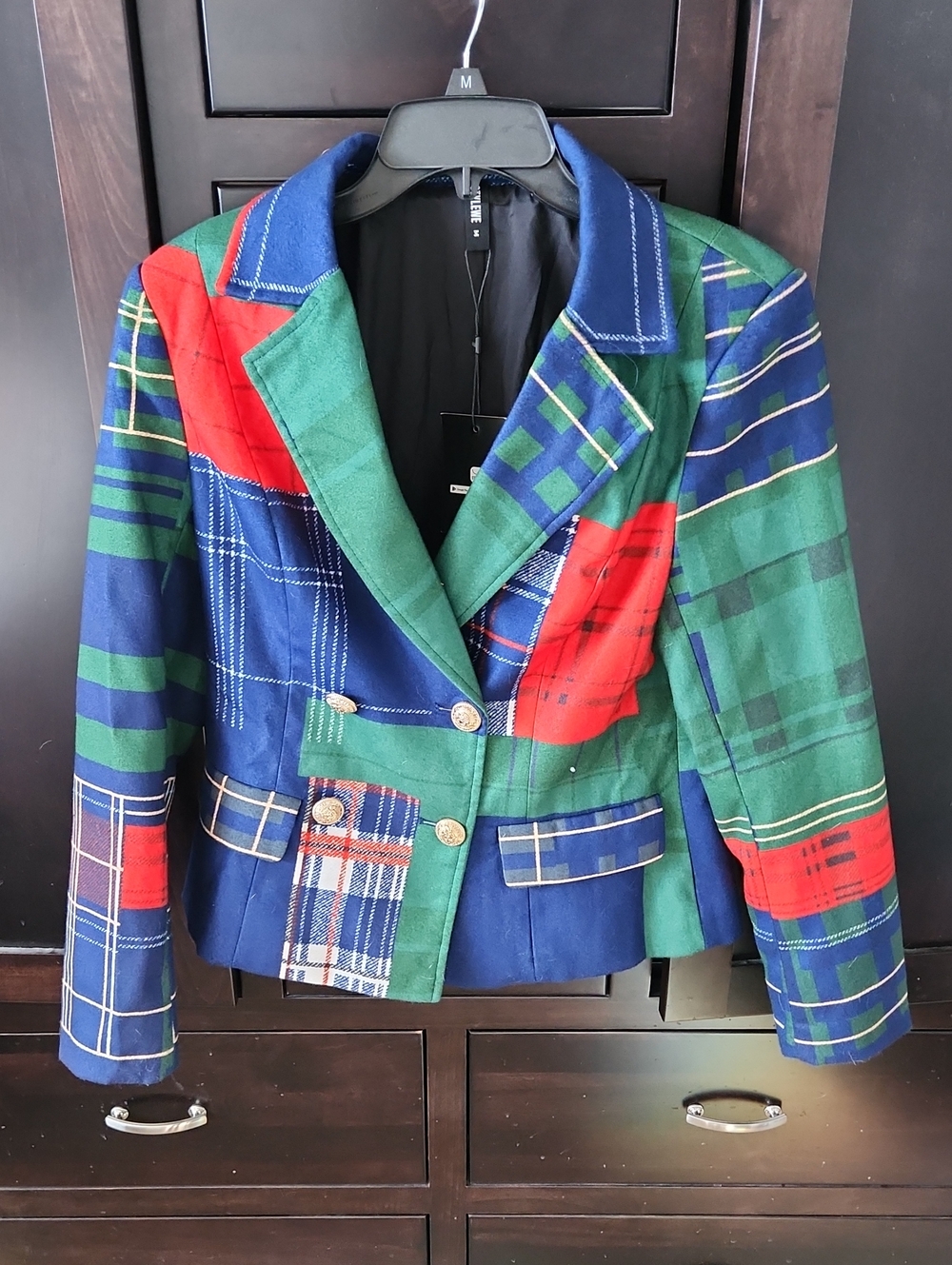 STYLEWE Urban Plaid Colorblock Plaid Lapel Blazer in Blue, Green & Red